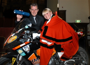 John McGuinness with the Mayor of Lancaster Helen Helme sitting on his Superstock machine in Lancaster Town Hall. (Courtesy of the Lancaster and Morecambe Citizen)